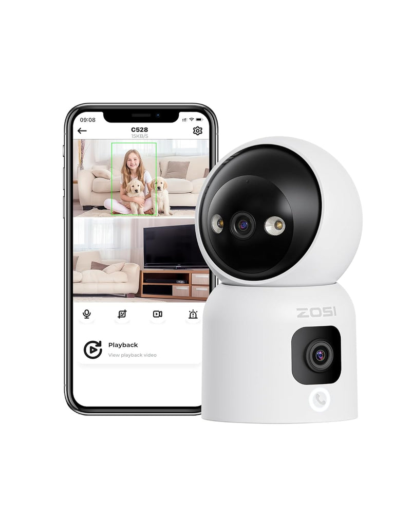 ZOSI Dual-Lens 2K WiFi Security Camera Indoor, 355° Views Pan/Tilt Home CCTV Camera with 2 Way Audio, One-Touch Calling, Smart Person Detection, 2.4G/5G Dual-Band WiFi, C528