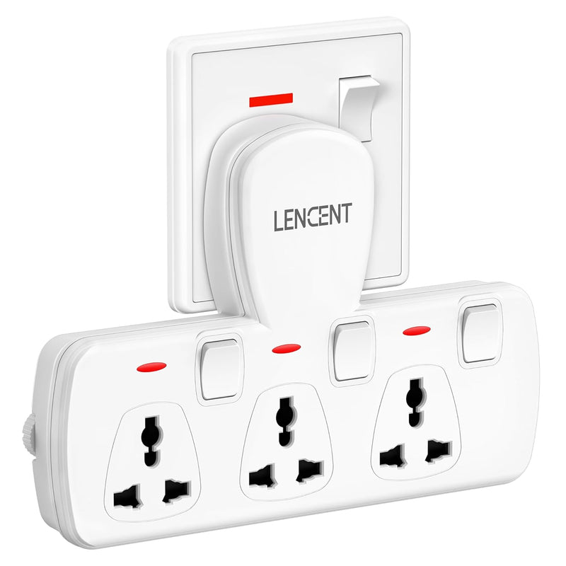 LENCENT Multi Plug Extension Socket, 3 Way Electrical Outlet Extender, Wall Charger, Universal Plug Adapter, Charging Station for Home, Office, Kitchen, Individually Switched