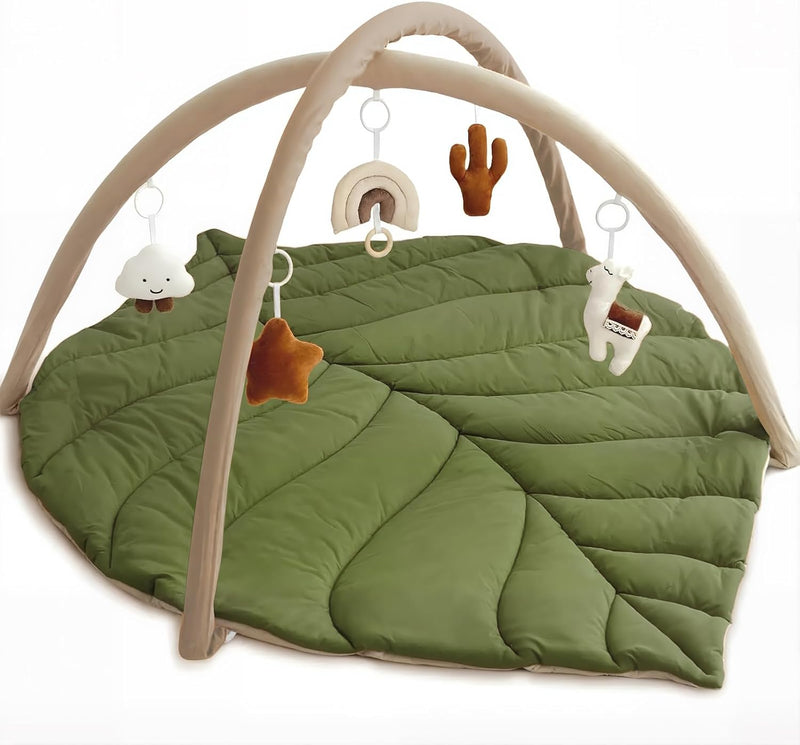 3Clock Leaf Shaped Baby Play Mat,Infant Activity Center for Newborn to Develop Motor Cognition Leaves Leaf-Shaped Baby Play Gym & Activity Mat, Tummy Time Mat with 5 Detachable Toys (Green)