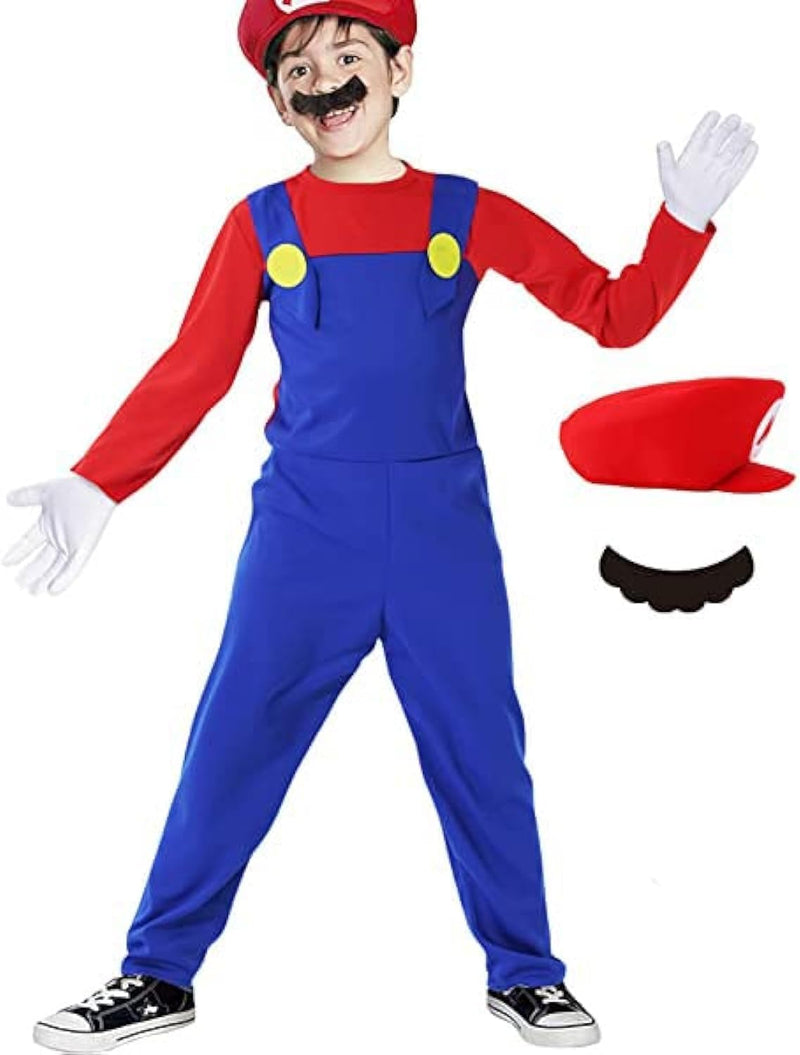 Super Brother Costume-Mario Costume Halloween Cosplay Jumpsuit with Accessory