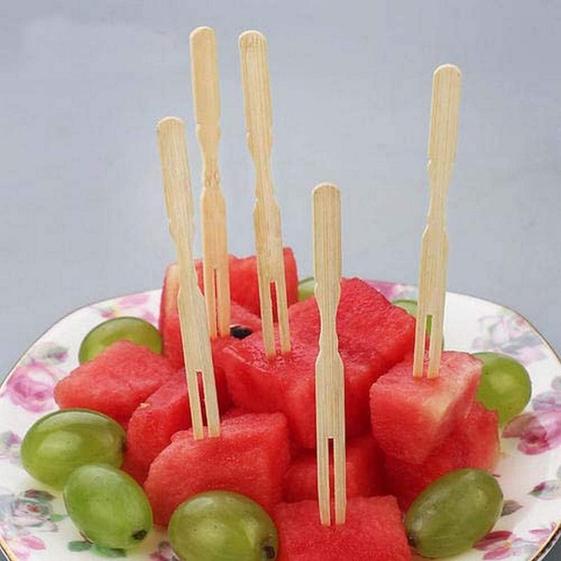 Bamboo Forks 9cm,(50pcs) Mini Food Picks for Party, Banquet, Buffet, Catering, and Daily Life. Two Prongs - Blunt End Toothpicks for Appetizer