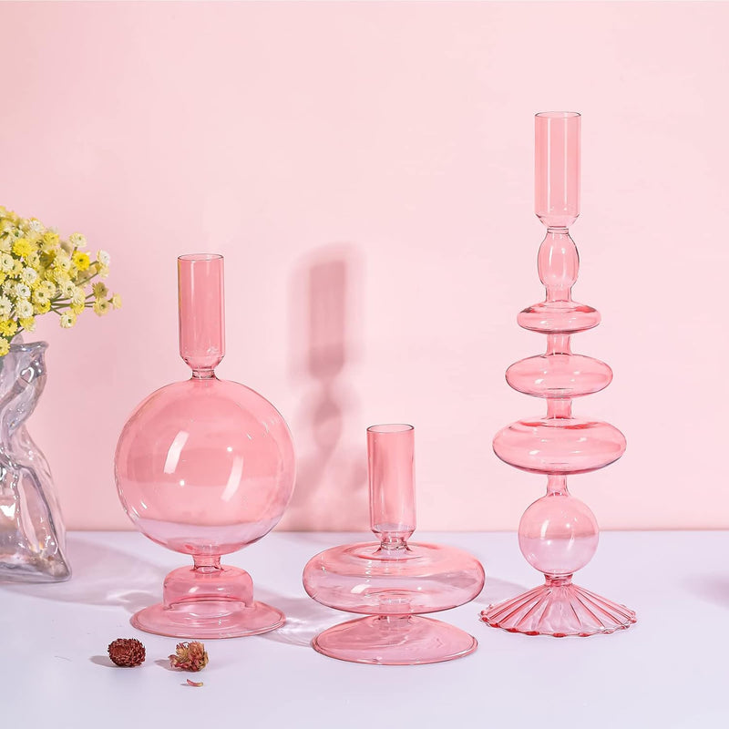 Rtteri 3 Pcs Glass Candlestick Holders Glass Taper Candle Holders Groovy Candlestick Wavy Glass Candlestick Holders Elegant Glass Candlestick Glass Vases for Home Party Centerpiece (Green)