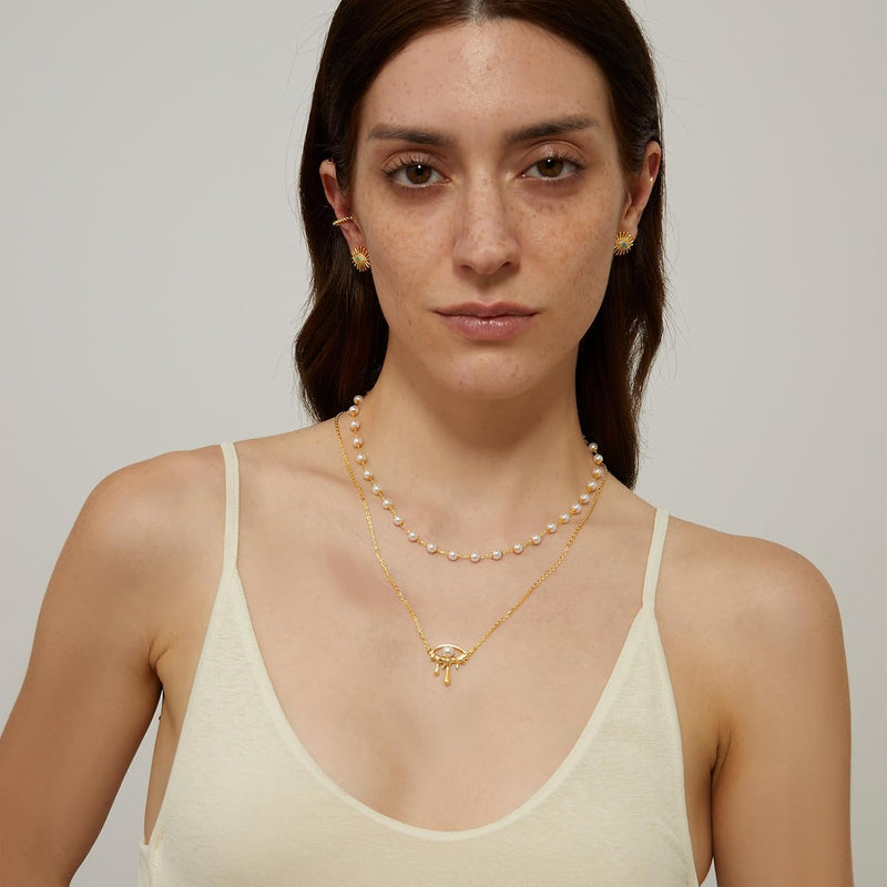 Gold Dainty Evil Eye Necklace for Women 18K Gold Plated Cute Delicate Solitaire Cubic Zirconia Boho Protection Evil Eye Minimalist Simple Necklace Gift - Pearl Evil Eye