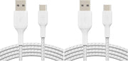 Belkin Fast Charge Braided USB C charger cable, USB-C to USB-A cable, USB type C charging cable for iPhone 15, Samsung Galaxy S23, Google Pixel, iPad, MacBook, Nintendo Switch and more - 2m, Black - White 3M (Pack of 2)