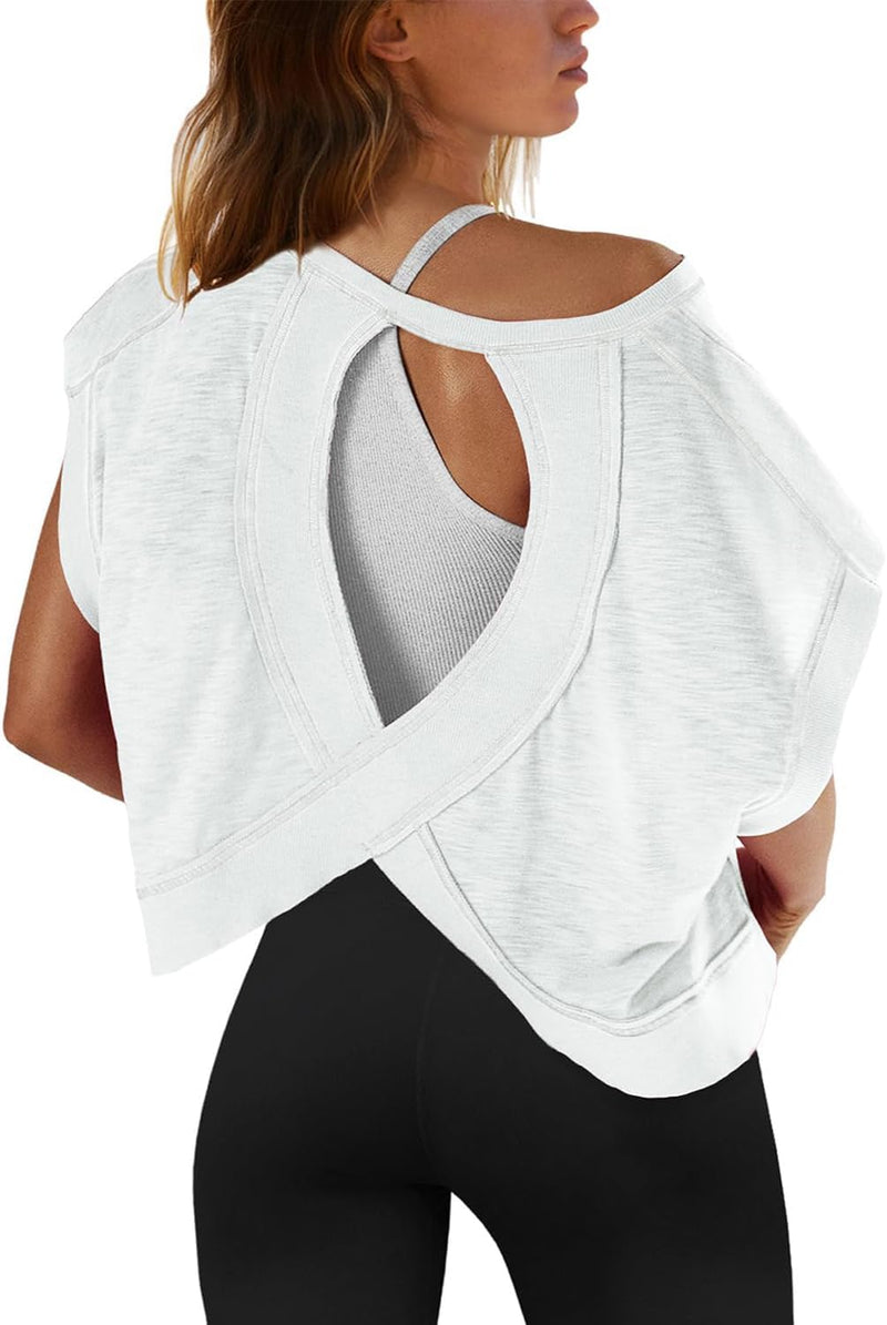 Sthxyfaith Women Short Sleeve Workout Shirts Open Back Tops Casual Yoga Athletic Gym Slouchy Crop Running Tees