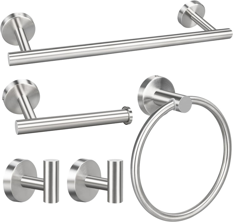 Lomeshow 5pcs Bathroom Hardware Set, Matte Black/Brushed Nickel/Brushed Gold Bathroom Hardware Set, Including 16" Hand Towel Bars, Toilet Paper Holders, Towel Rings, Robe Towel Hooks (Silvery)