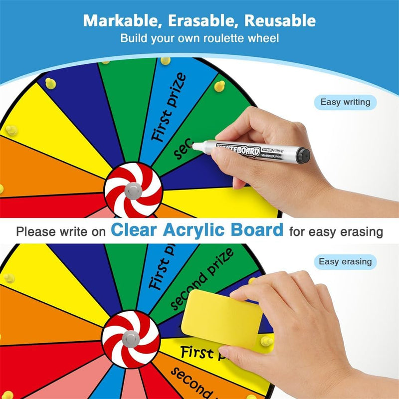 12 Inch Prize Wheel Spinning Game - Carnival Spinner Wheel for Prizes, Fortune Wheel Spinner with Stand, Ruleta de Premios with Dry Erase Marker and Eraser, 10 Options