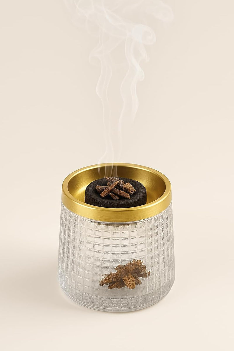 Crystal Glass Bakhoor Burner Oud burner Incense Bakhoor Charcoal Burner مبخرة عود,مبخرة بخور Frankincense Burner Madkhan Mabkhara Bakhoor Gold Incense Burner (Clear)