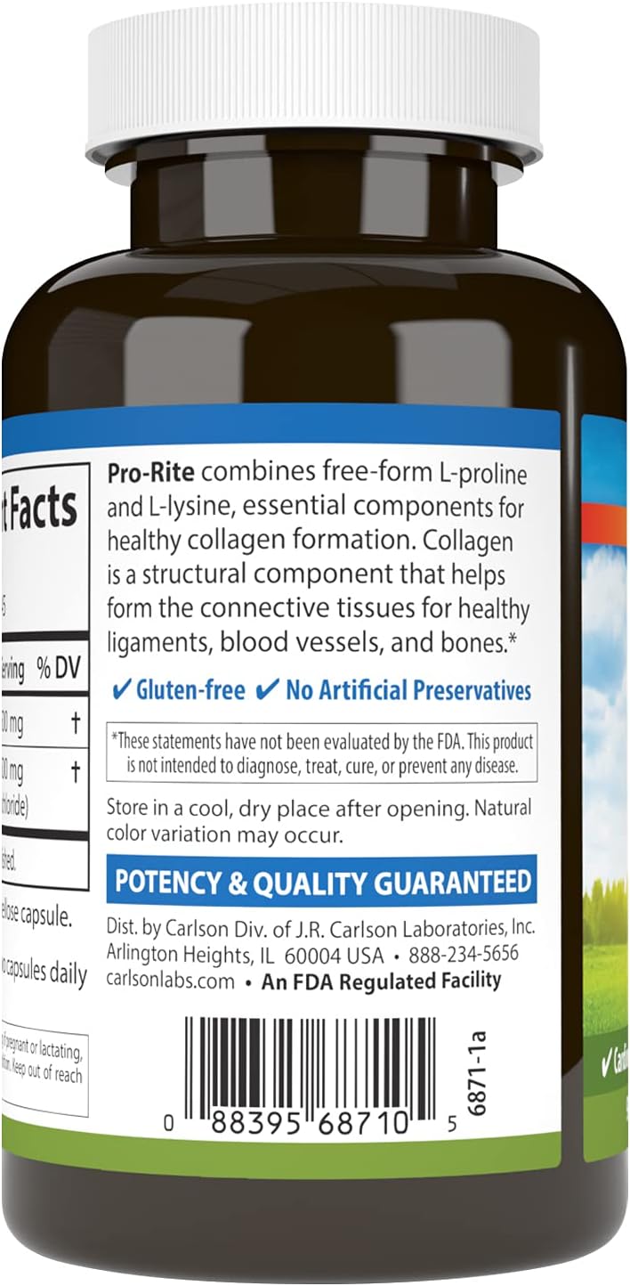 Carlson - Pro-Rite, Free-Form L-Proline & L-Lysine, Health, Joint Support & Collagen Formation, 90 Capsules