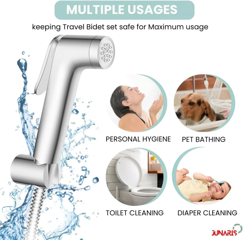 JUNARIS Handheld Bidet Sprayer Set for Toilet - شطاف تواليت Stainless Steel Shattaf with Premium Hose for Bathroom and Washroom | Chrome Shattaf Set Stainless Steel Hose (Classic)