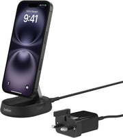 Belkin BoostCharge Pro 15W convertible magnetic wireless charging stand, MagSafe compatible fast Qi2 wireless charger, magnetic fast charger for Apple iPhone 16, 15, 14, 13, 12, AirPods Pro - White - With Power Supply Black