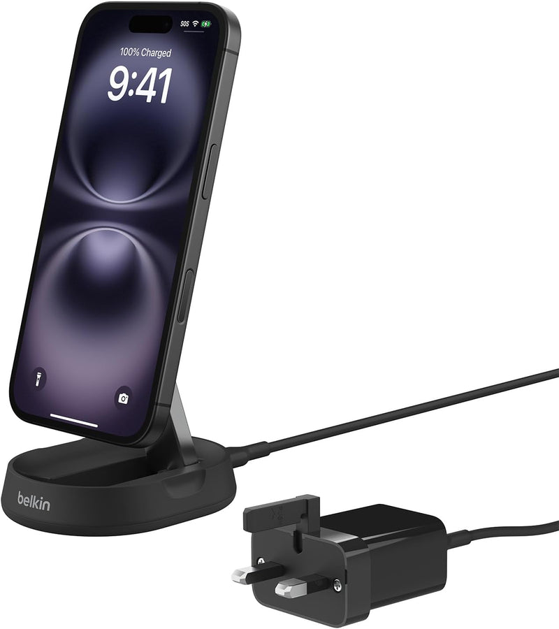 Belkin BoostCharge Pro 15W convertible magnetic wireless charging stand, MagSafe compatible fast Qi2 wireless charger, magnetic fast charger for Apple iPhone 16, 15, 14, 13, 12, AirPods Pro - White - With Power Supply Black