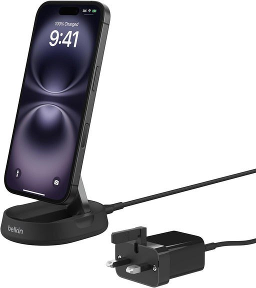 Belkin BoostCharge Pro 15W convertible magnetic wireless charging stand, MagSafe compatible fast Qi2 wireless charger, magnetic fast charger for Apple iPhone 16, 15, 14, 13, 12, AirPods Pro - White - With Power Supply Black