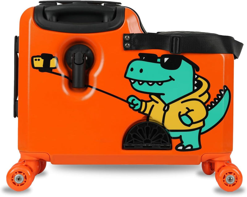 Kids Ride-On Carry-On Suitcase, ABS Lightweight Travel Trolley Luggage for Children with 360 Spinner Wheels, Cabin-Friendly Scooter Travel Bag (Pink Whisker Cat Design) - Orange Rexy – T-Rex Design
