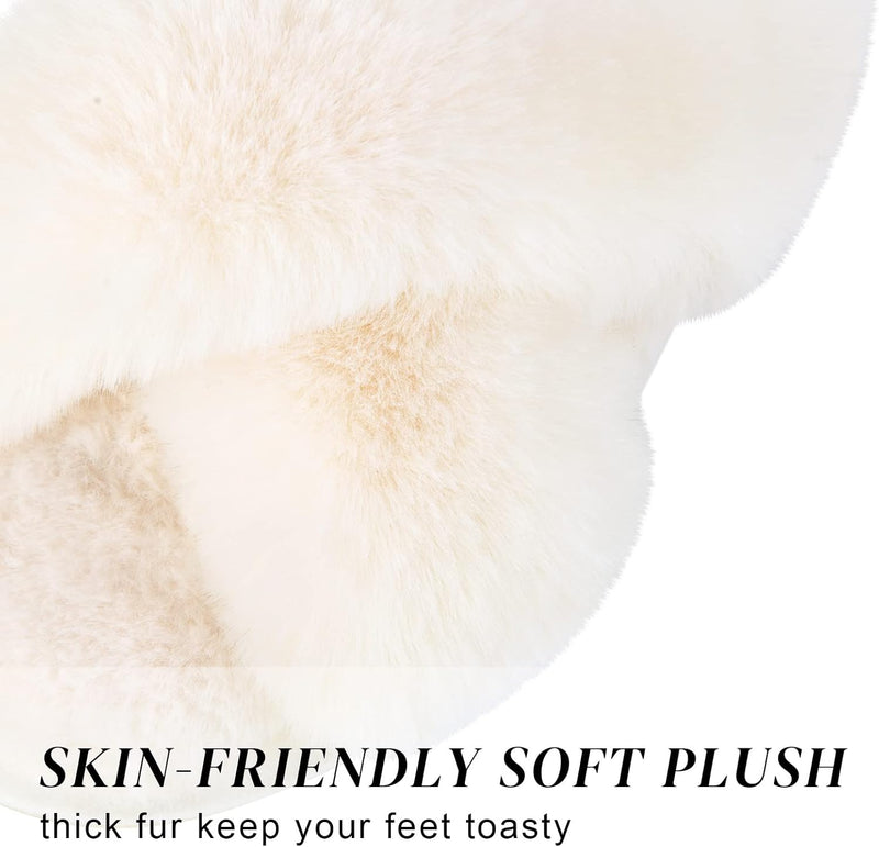 Women's Cross Band Slippers Soft Plush Furry Cozy Open Toe House Shoes Indoor Outdoor Faux Rabbit Fur Warm Comfy Slip On Breathable