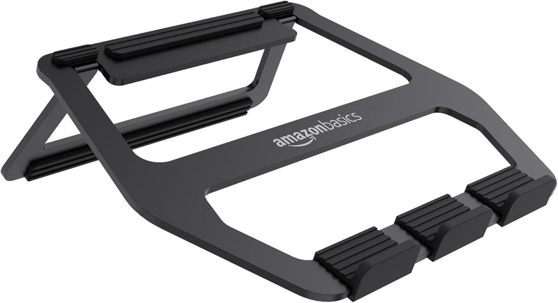 Amazon Basics Aluminum Portable Foldable Height Adjustable Support Stand for Laptops up to 33 cm (13"), Silver - Black 33 cm (13")