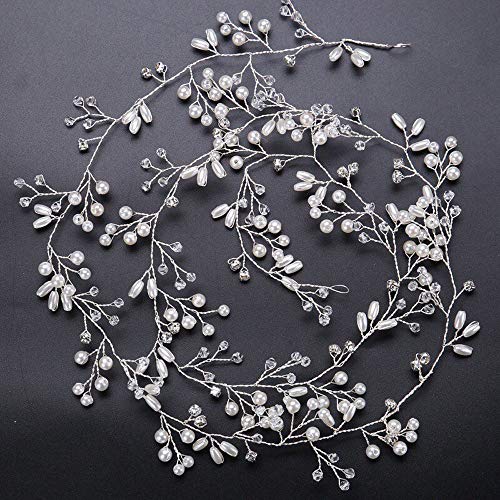 Denifery Bridal Rose Gold and Gold Silver Extra Long Pearl and Crystal Beads Bridal Hair Vine Wedding Head Piece Headband Hair Jewelry Hair Accessories (Silver)