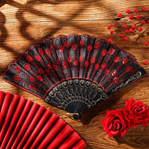 TERRIFI 2 Pieces Women Rose Flower Hair Clip and Embroidered Sequins Fabric Handheld Folding Fan Hair Accessories for Flamenco Dancer Costume Accessories Girl Cosplay Party