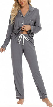 Button Up Pajama Set For Women Long Sleeve Shirt And Pajama Pants Soft Pjs Lounge Sets - Dark Grey