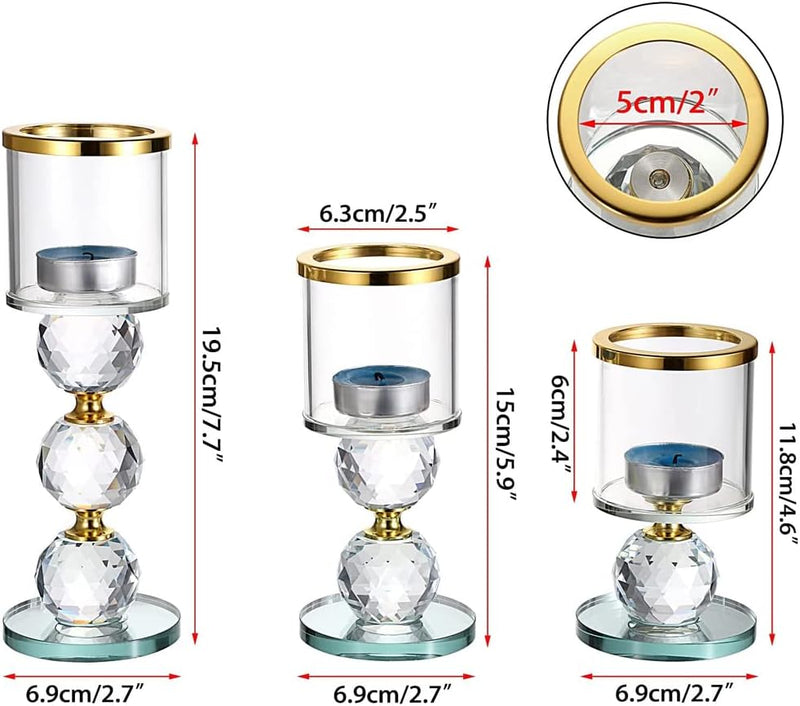 WEIN Crystal Glass Candlestick Holders Pillar Candle Holders Set of 3 with Glass Covers, Modern Clear Glass Tea Light Candle Sticks Votive Candle Stands for Table Centerpiece Wedding Decor