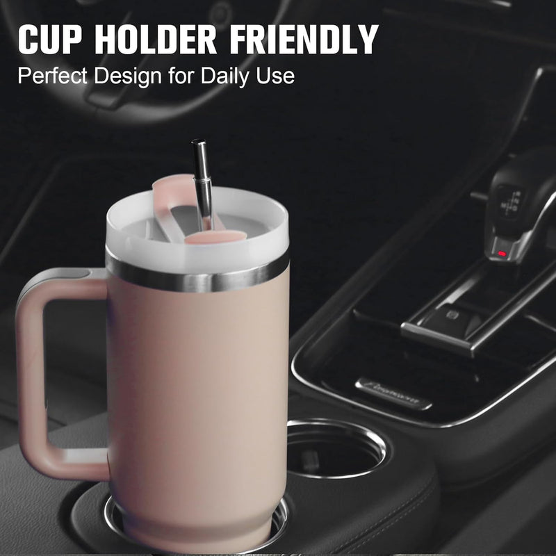 Kerykwan 40oz Tumbler with Handle Insulated Stainless Steel Travel Coffee Mug with Straw&Lid Large Water Bottle Cup for Hot&Cold Beverages (Pink)