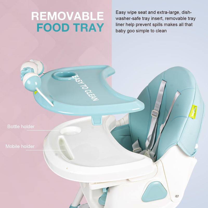 Baybee Baby High Chair for Kids with Adjustable Height and Footrest, Toddler Walker Feeding Booster Chair Seat for Baby with Tray, Wheel, Safety Belt and Cushion For Babies 6 Month to 4 Year (Green)