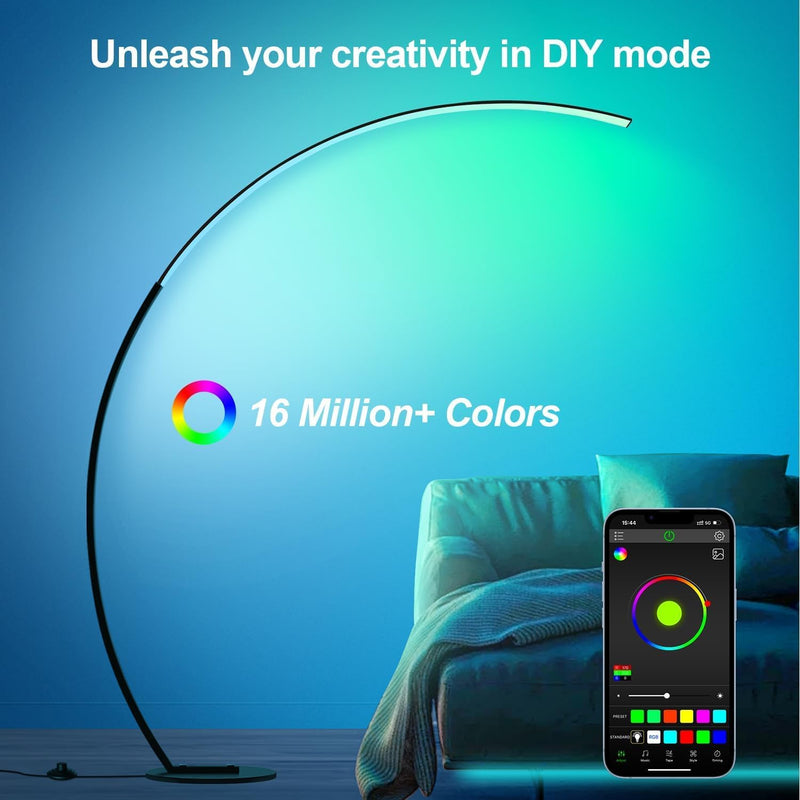 RGB Floor Lamp with 3 Color Temperatures, Ultra Bright 1800LM Smart Arc LED Floor Lamp with Remote Control, Music Sync, Scene Modes, Modern Standing Tall Lamp for Bedroom Living Room Gaming Rooms - C