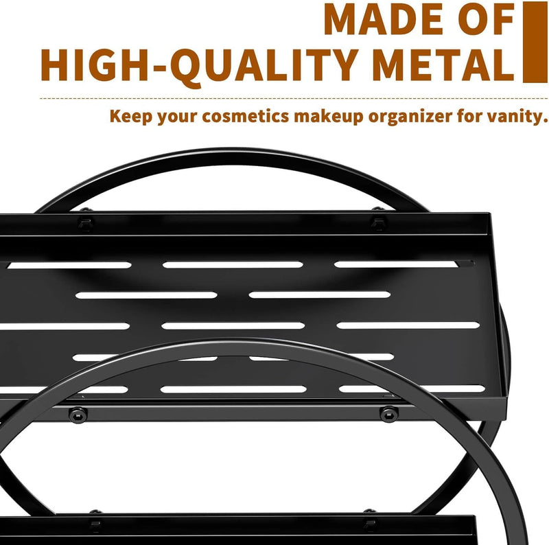 WEKOTEE Makeup Organizer for Vanity, Black Gold Perfume Organizer for Dresser- 2 Tier Skincare Organizers Bathroom Countertop Organizer, Make Up Counter Shelf Cosmetic Display Tray (55-02)