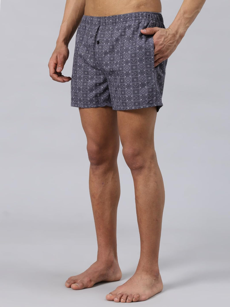 Men's Cotton Boxers, Printed Under Pant with Side Pocket, Go for once size up for better comfort - Pack of 3