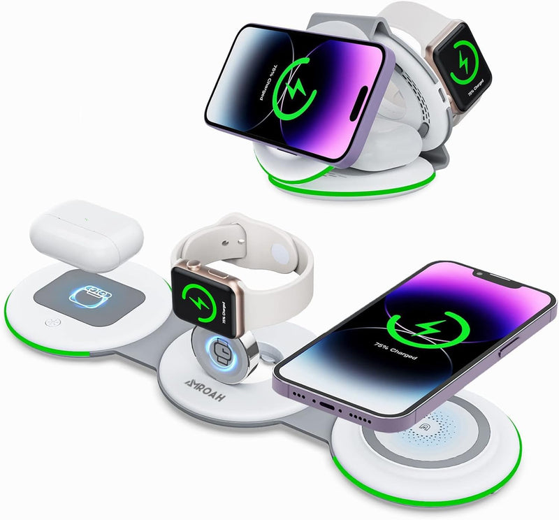 3 in 1 Wireless Charger Foldable, Magnetic Fast Charging Station Compatible with iPhone, All in One Travel Charging Pad for iPhone 16/15/14/13/12/ Series iWatch 8 7 6 5 4 3 2 SE Airpods 3 2 Pro - White