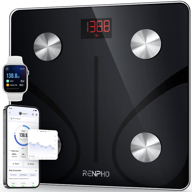 RENPHO Body Fat Scale Smart BMI Scale Digital Bathroom Wireless Weight Scale, Body Composition Analyzer with Smartphone App sync with Bluetooth, 396 lbs - Black, Elis 1 - 11" Black