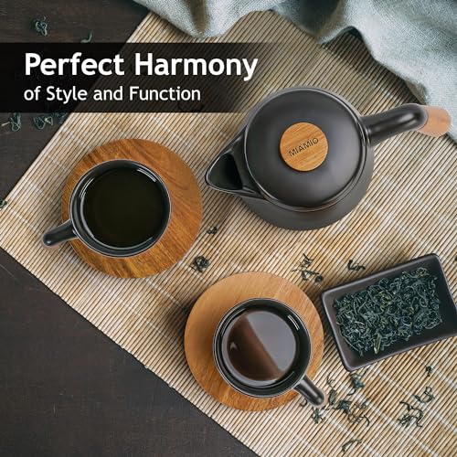 MIAMIO â€“ 1000 ml Ceramic Tea Pot Set with Infuser/Tea Strainer, 4 Ceramic Tea Mugs (300 ml), Bamboo Saucers/Handle and Rack for Home and Office (Black)