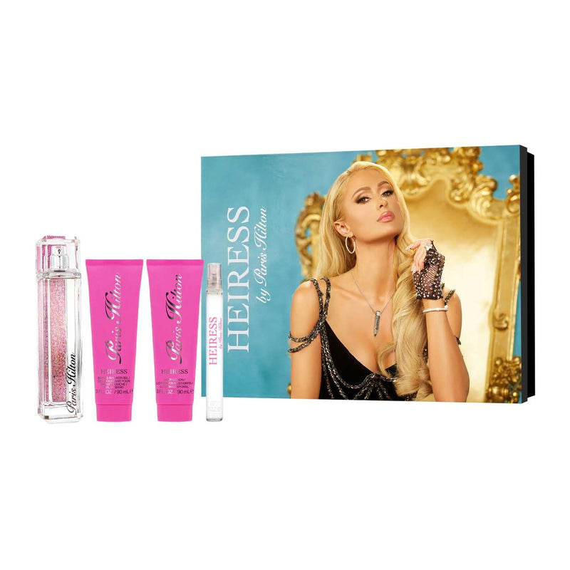 Paris Hilton Heiress for Women - 4 Pc Gift Set 3.4oz EDP Spray, 0.34oz EDP Roll-On, 3oz Body Lotion, 3oz Bath and Shower Gel