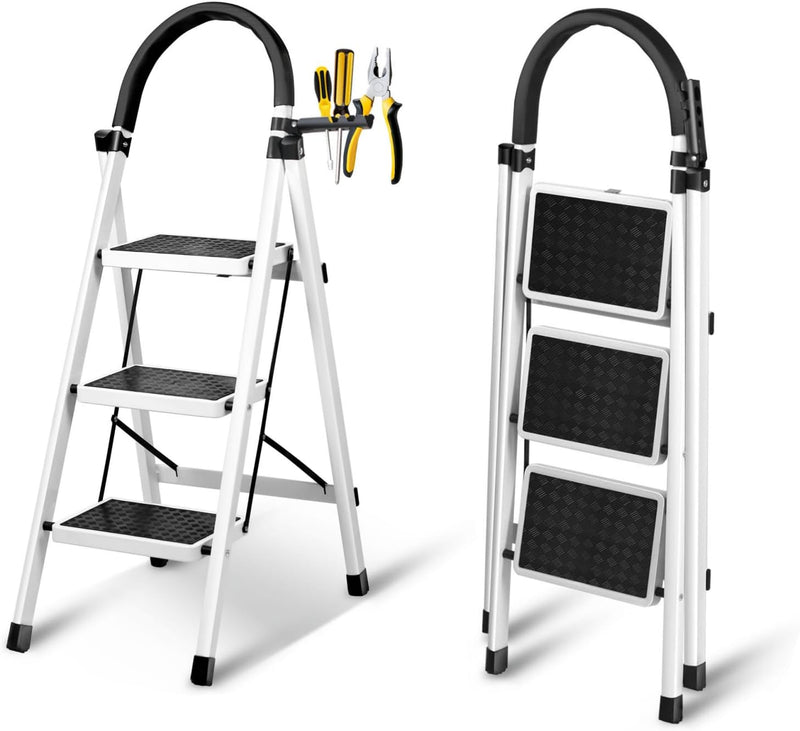 Foldable Ladder 3 Steps, Home Ladder Folding Step Stool with Wide Anti-Slip Pedal, 112 x 68 x 42.5 CM - White 3 Steps