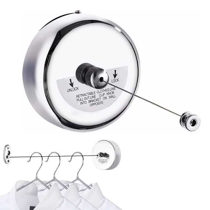 Beauenty Retractable Clothesline 304 Stainless Steel, Wall Mounted Clothes Dryer, Round and No Punching, Polished Chrome Finish, Heavy Duty Adjustable Nylon Rope (2.8M)