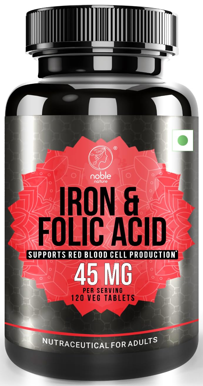 Noble Nature Iron with Folic Acid & Spinach Extract Supplement - 120 Tablets | Iron, Zinc, Vitamin C, Folic Acid & Vitamin B12 |