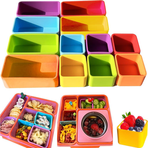Silicone Bento Lunch Box Dividers Reusable Bento Box Containers Bundle Accessories- Non-Toxic, BPA Free, Dishwasher Safe - Rectangle(Blue+Purple+Yellow+Red+Green+Orange)+Square(Blue+Green+Purple+Yellow+Red+Orange)