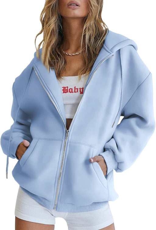 Womens Zip Up Y2K Hoodies Long Sleeve Fall Oversized Casual Sweatshirts Fleece Jacket with Pockets - Sky Blue