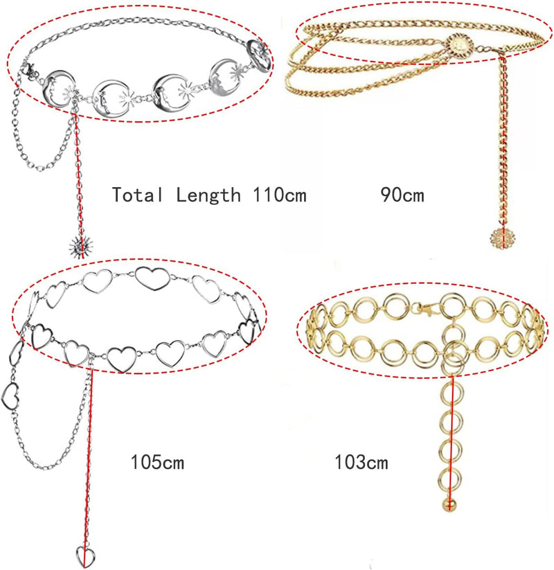 4pcs Metal Waist Chain Belts for Women - Adjustable Fashion Multilayer Chain Belts for Pants Dresses