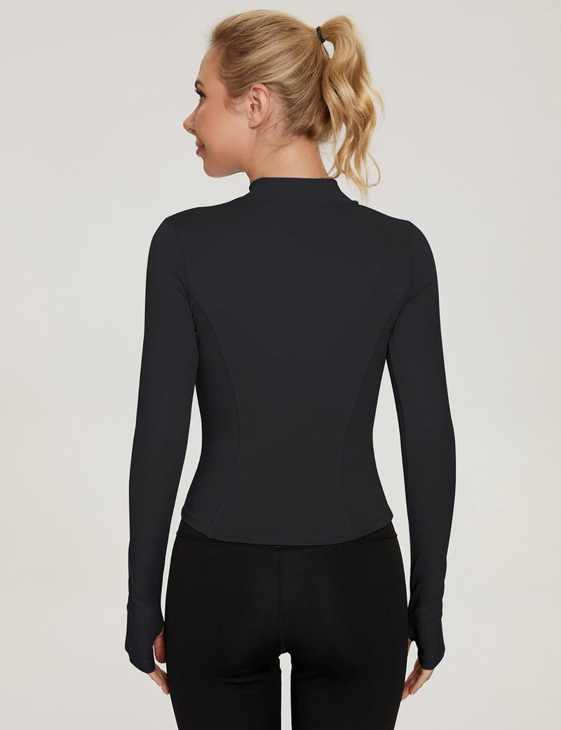 IECCP Women's T-Shirt, Gym Top, Yoga Top, Long-Sleeved Crop Top, Sports Shirt, Lightweight Fitness Top with Half Zipper and Thumb Hole