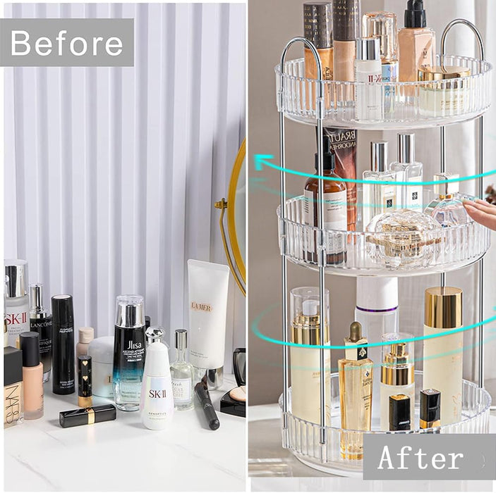 LENDIS Rotating Makeup Organizer Dressing Table 3 Tiers, Large Capacity Skin Care Transparent Makeup Storage Perfume Organizer Makeup Dresser Organizer Countertop 360 Rotation (Gray)