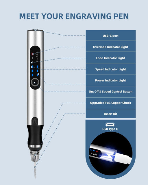 Upgraded Electric Engraving Pen, Wireless Engraving Pen Kit with 34 Bits & 3-Speed Adjust, Practice Materialse & Stencil, Rotary Tool for 60+ Surfaces Cordless Engraver Pen for Artists & DIY - Silver
