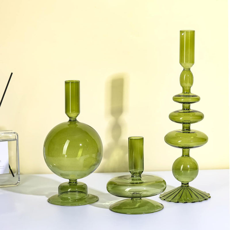 Rtteri 3 Pcs Glass Candlestick Holders Glass Taper Candle Holders Groovy Candlestick Wavy Glass Candlestick Holders Elegant Glass Candlestick Glass Vases for Home Party Centerpiece (Green)