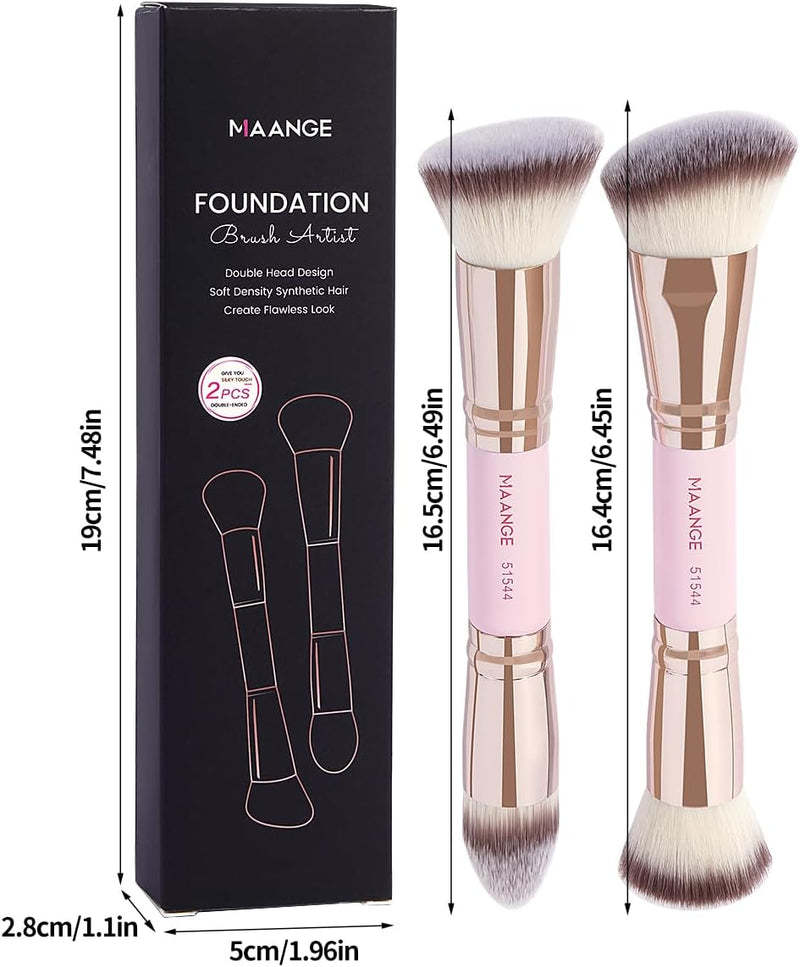 MAANGE Foundation Makeup Brushes, 2Pcs Premium Double-Ended Makeup Brush (Flat/Angled/Angled Round/Tapered Top) for Buffing Liquid, Cream, Powder, Blending Contour Face Brush(Black/Gold)