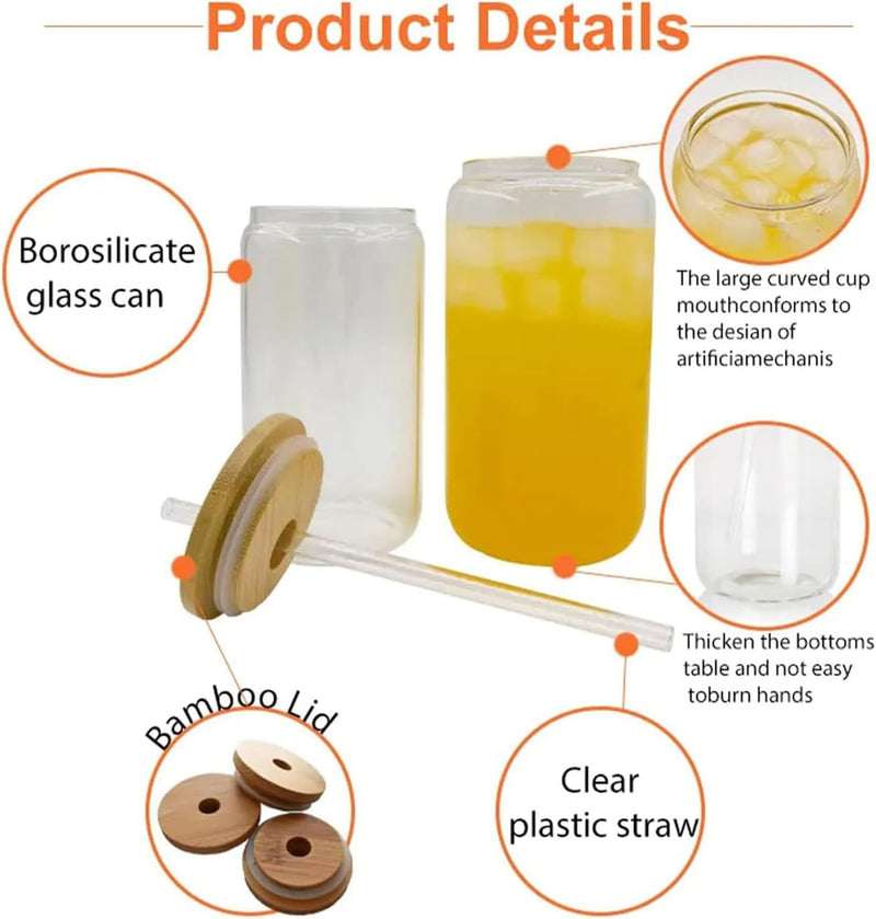 TAPIT Drinking Glasses with Bamboo Lids and Glass Straw, 13.5oz/17oz Beer Can Shaped Glass Cups, Tumbler Cup Ideal For Beer, Tea, Soda, Iced Coffee Include 2 Cleaning Brushes (2pcs,400ml*2)