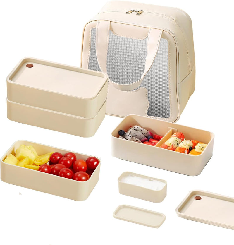Bento Box Lunch Boxes Stackable Bento Lunch Box for Adults Leak-Proof Lunch Container with Compartments 4-in-1 Lunchbox with Sauce Pot Cutlery Set Microwave Dishwasher Safe Available 1300ML (Beige) - Blue