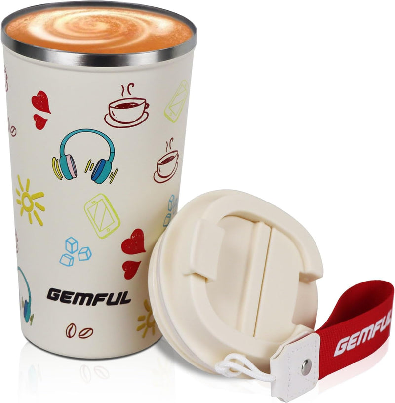 GEMFUL Travel Coffee Mug Stainless Steel Vacuum Ice and Hot Drinks Insulated Tumbler for Home Office Outdoor Works, 380ml, Pink
