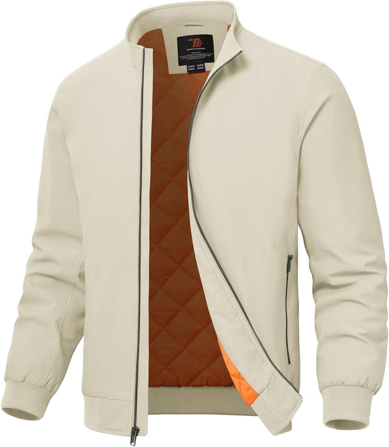 Men's Quilted Bomber Jacket, Casual Padded Winter and Fall Jacket, Full-Zip Windproof Work Coat - Light Khaki