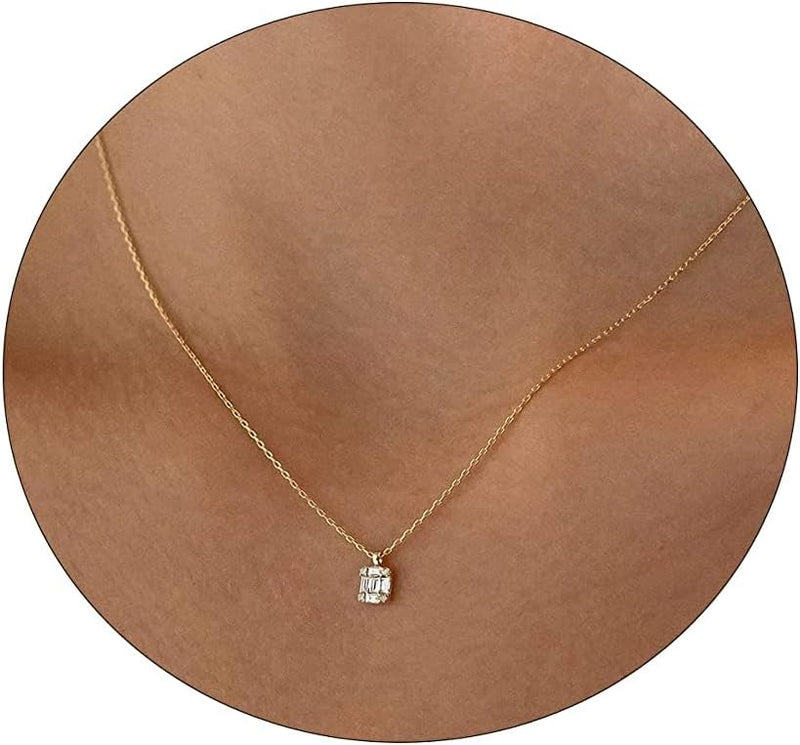 Diamond Necklaces for Women Dainty Leaf Necklace 14k Gold Plated Layered CZ Moon Necklace Simple Diamond Choker Necklaces for Women Trendy Jewelry Gifts for Girls - Gold Tiny Square CZ 16.5/2 Inch