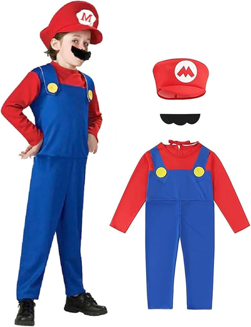 Halloween Super Brothers Costume for Kids,HAlloween Cosplay CostUme Boys Girls Cartoon Outfits with Caps and Beard Accessory - Red-120cm